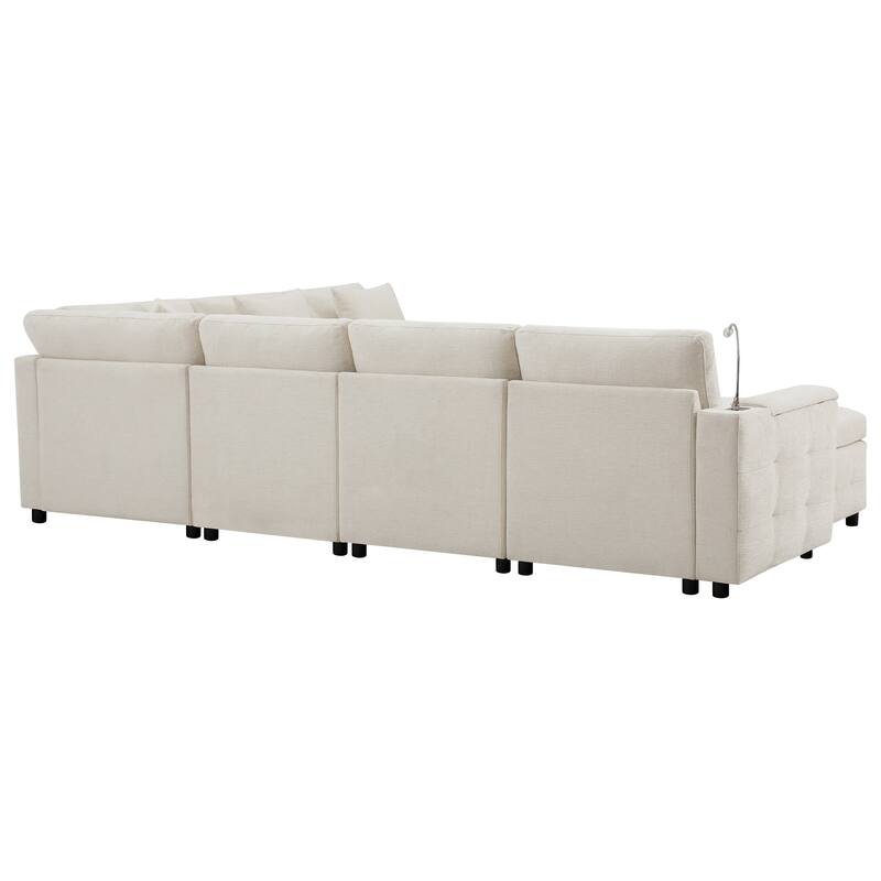 Tufted Chenille Sectional Sofa with Pull-out Bed, Flip-up Table Panel, Reading Lamp, Charging Ports, Storage Ottoman, 6 Pillows
