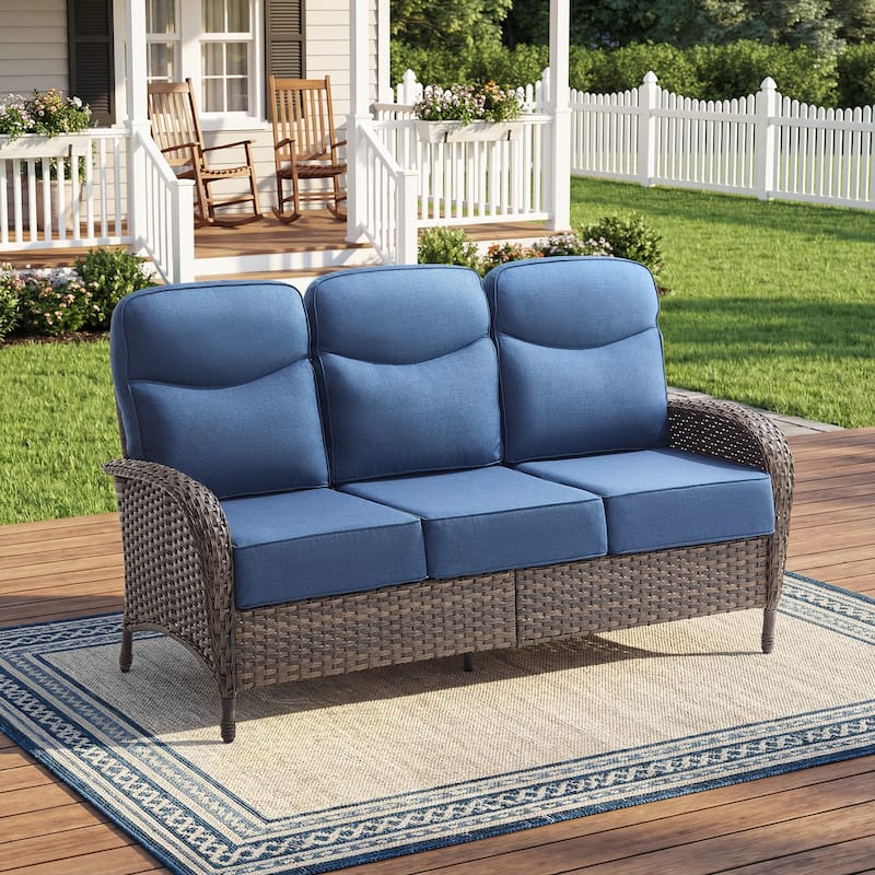 Pocassy Outdoor Sofa Swivel Chair and Ottman with Coffee Table - Brown Wicker Blue Cushion - Only 3-Seat Sofa