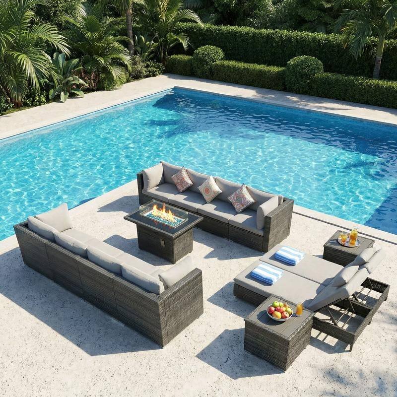 Outdoor Sectional Conversation Set PE Wicker with Double Chaise Lounge, 60,000 BTU Fire Pit Table - 12-Piece/Table - Light Gray