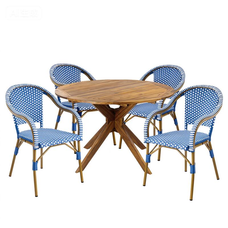 Christopher Knight Home - Iris 5-Piece Outdoor Dining Set with Four Woven Metal Frame Chairs and Acacia Wood Round Table