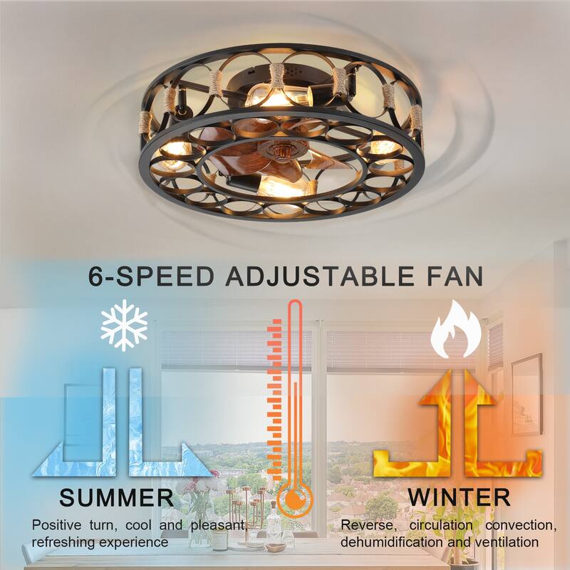 Caged Black Ceiling Fan with Lights Remote Control, Flush Mount 6 Speeds Reversible Ceiling Fan, LED Bulbs Include - 20 Inch