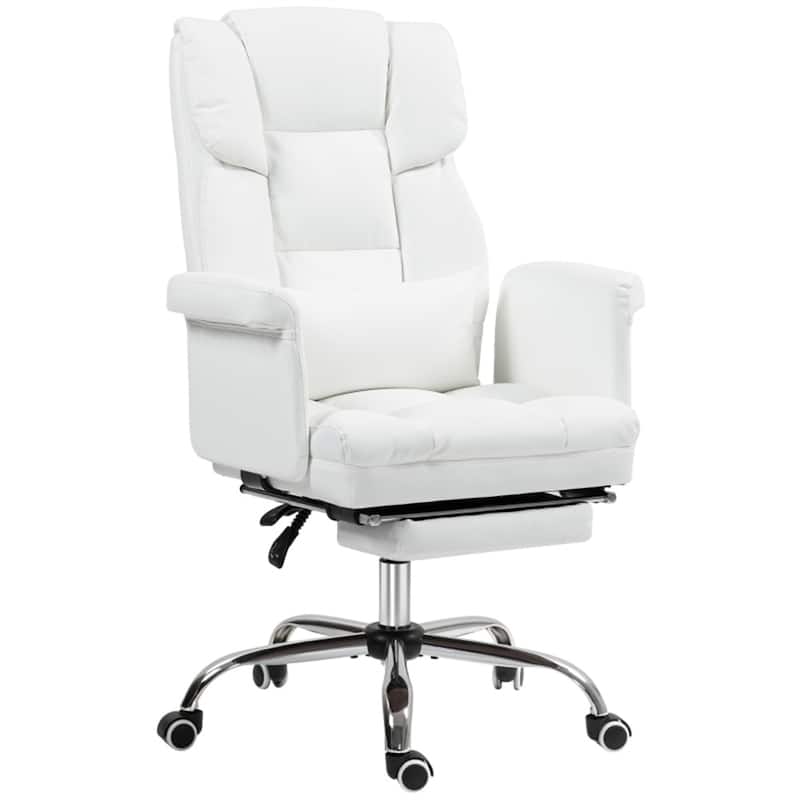 PU Leather Office Chair with Recline, Footrest and Lumbar - 27.2" W x 25.6" D x 42.1" - 45.3" H - White