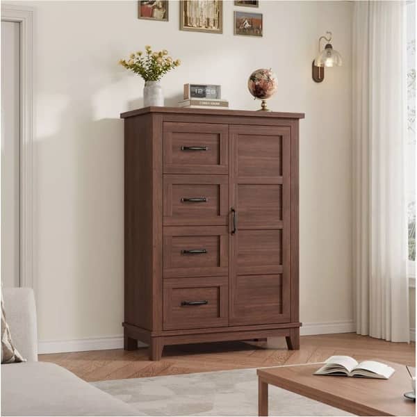 4 Dresser for Bedroom, 45.7" Tall Vertical Dresser with Door and Storage, Freestanding Closet Dresser Chest for Home, Walunt - Brown 4 Dresser for Bedroom, 45.7" Tall Vertical Dresser with Door and Storage, Freestanding Closet Dresser Chest for Home, Walunt - Brown