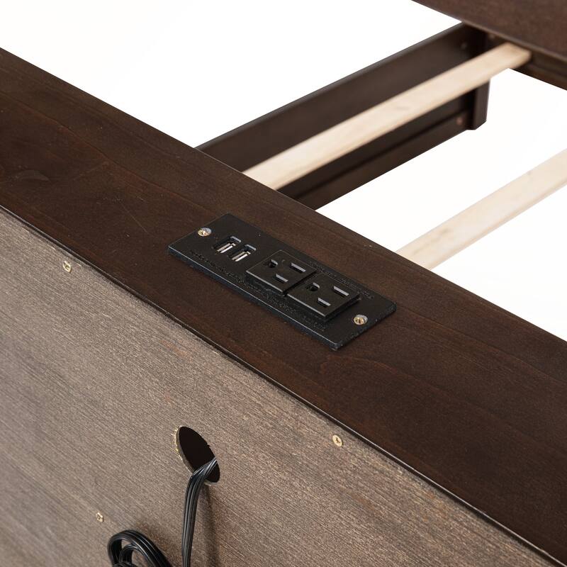 Queen Over Queen Bunk Bed with Built-in Storage Cabinets and Charging Station