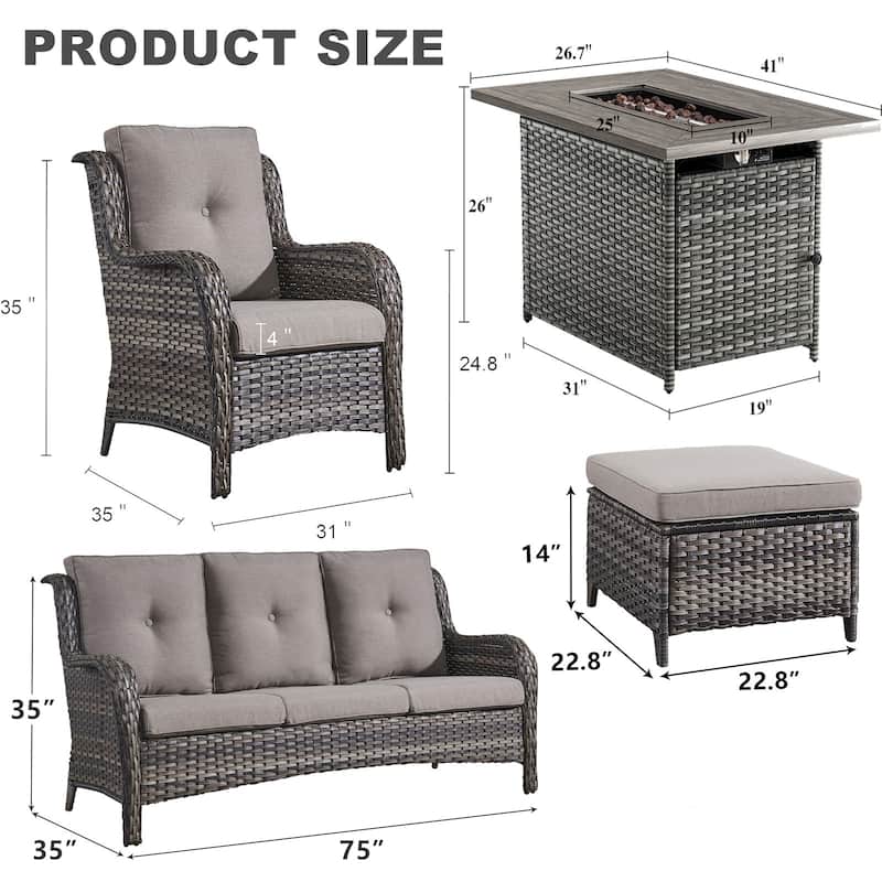 6 Piece Chair Patio Sofa Ottomans with Fire Pit Table