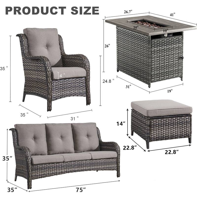 6 Pieces Outdoor Chair Sofa Ottoman with Fire Pit Table - Grey