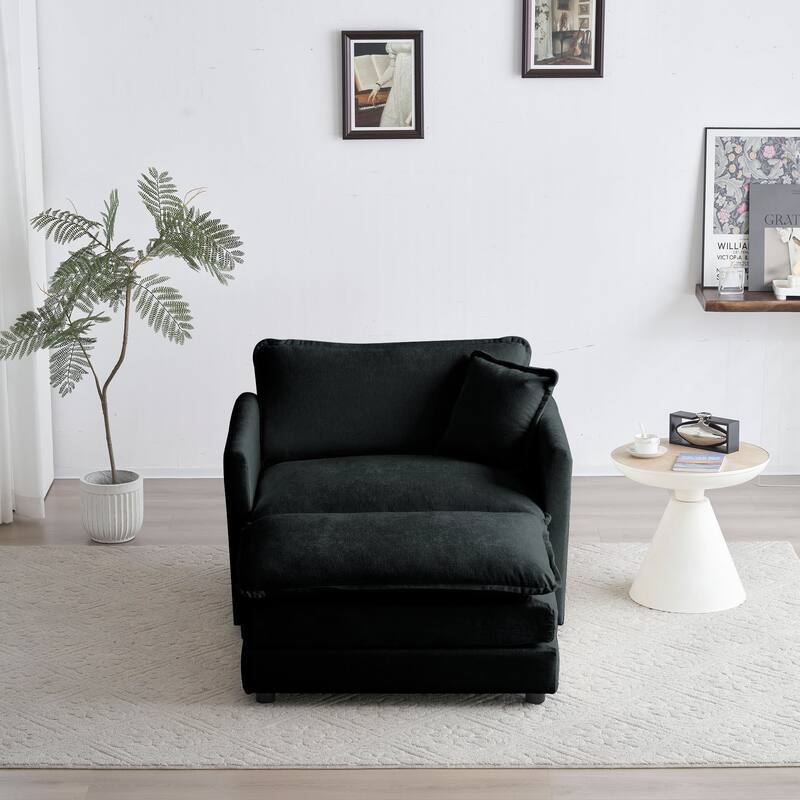 41.4"W Upholstered Accent Chair with Ottoman, Modern Reading Sofa Armchair, Chenille Lounge Chair for Living Room, Bedroom - Black