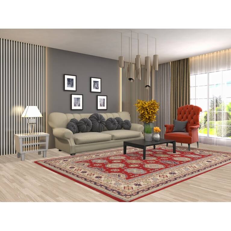 Kazak Oriental Area Rug Hand-Knotted Geometric Red Wool Carpet - 6'6"x 9'10"