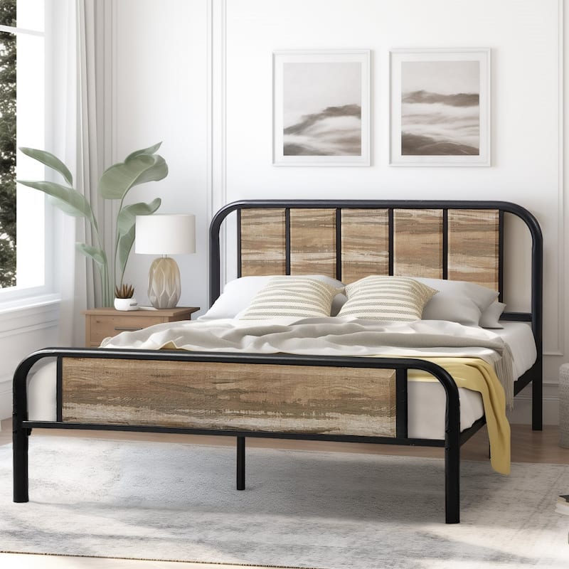 Javlergo Modern Metal Platform Bed Frame with Slate Headboard Footboard Heavy Duty No Box Spring Needed Bed