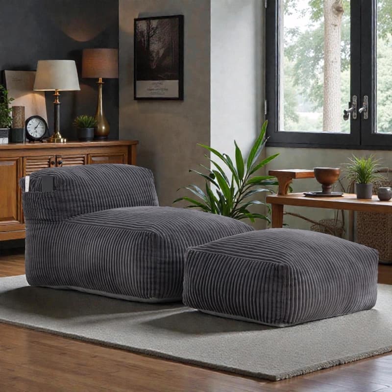 Large Memory Foam Bean Bag Chair for Adults, Corduroy Lounger Sofa with Ottoman - Dark Grey