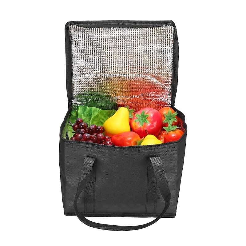 2Pcs 16.1"x9.1"x13" Insulated Reusable Grocery Shopping Bag with Pocket, Black