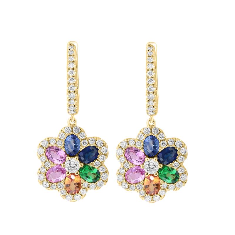 EFFY 14K Gold Diamond Multi Sapphire and Tsavorite Flower Hoop Earrings