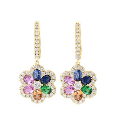 EFFY 14K Gold Diamond Multi Sapphire and Tsavorite Flower Hoop Earrings
