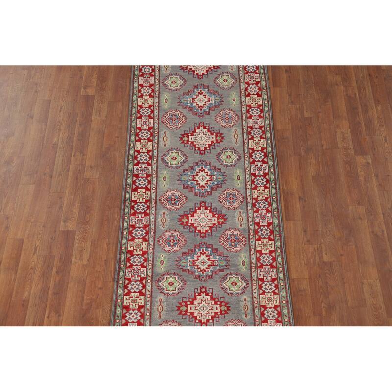Gray Geometric Kazak Runner Rug Handmade Wool Carpet - 2'9" x 9'7"