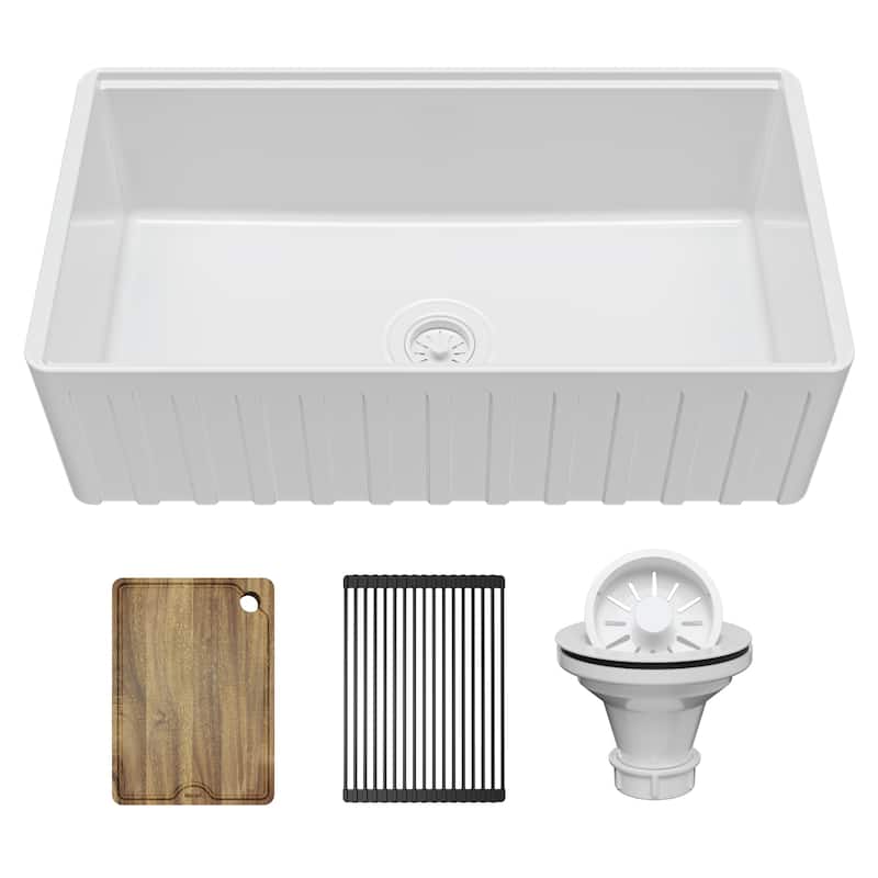 Karran 33" Single Bowl Workstation Fireclay Kitchen Sink with Reversible Fluted Apron Front - White