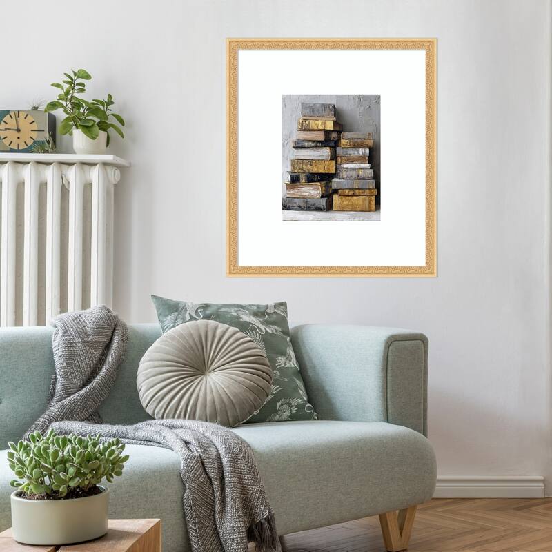 Distressed Books Stack Gold White Vintage Library Collection by Tradelink inhouse artist Wood Framed Wall Art Print