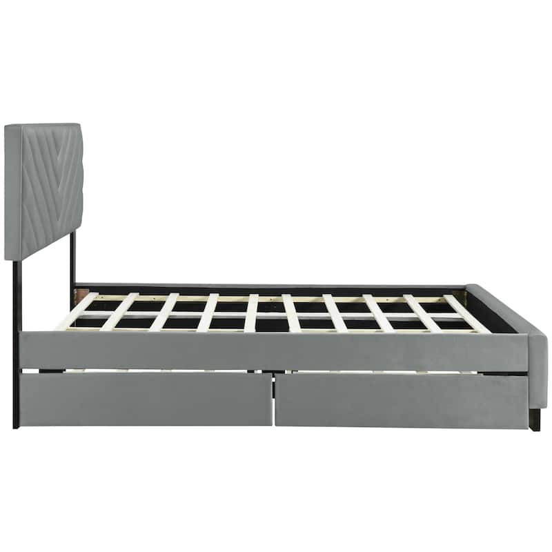 HomeRoots Gray Tufted Upholstered Queen Bed Frame With Trundle And Drawers