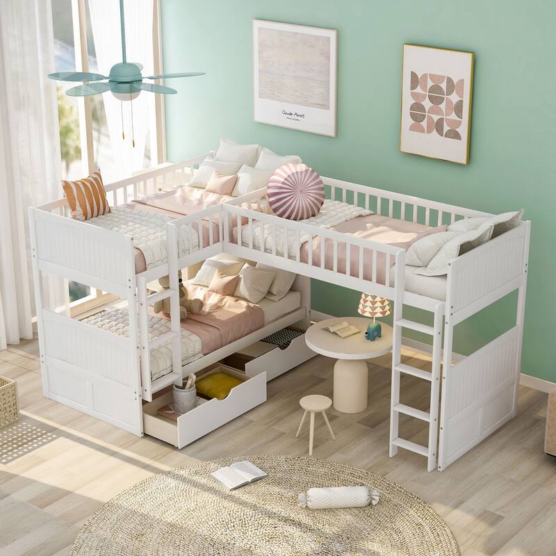 Twin Size Bunk Bed Loft Bed with Two Drawers, Wooden Bed Frame - White