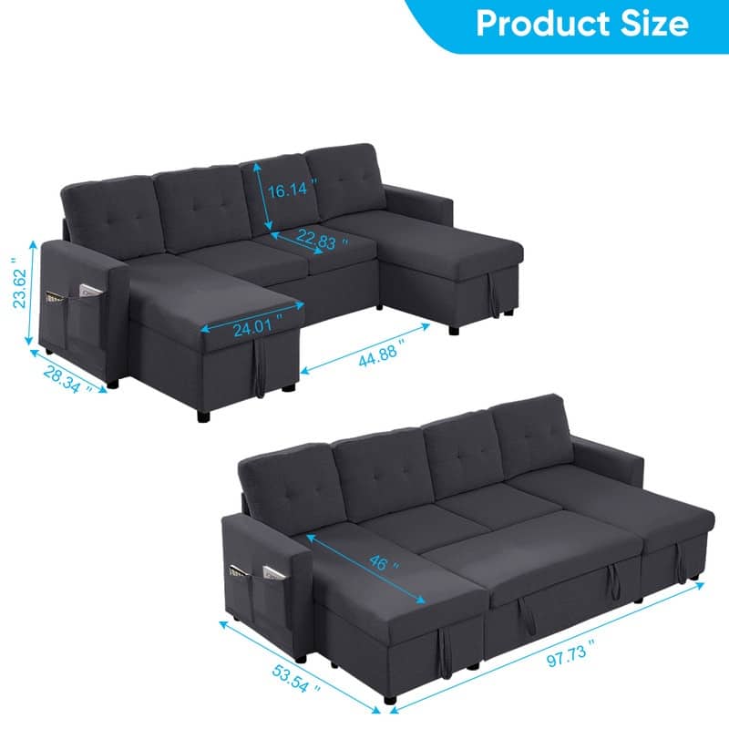 98"W 4-Seater Modular Sleeper Sofa Bed with Storage Chaise,U-shaped Sofa with Pull-out Bed