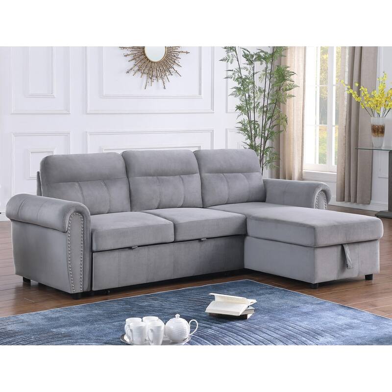 Gray Velvet Fabric Reversible Sleeper Sectional Sofa Chaise - Grey