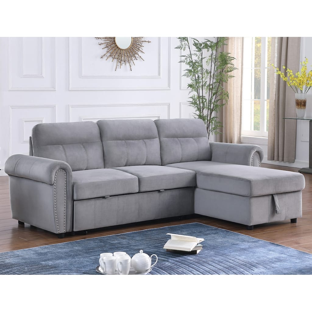 Gray Velvet Fabric Reversible Sleeper Sectional Sofa Chaise