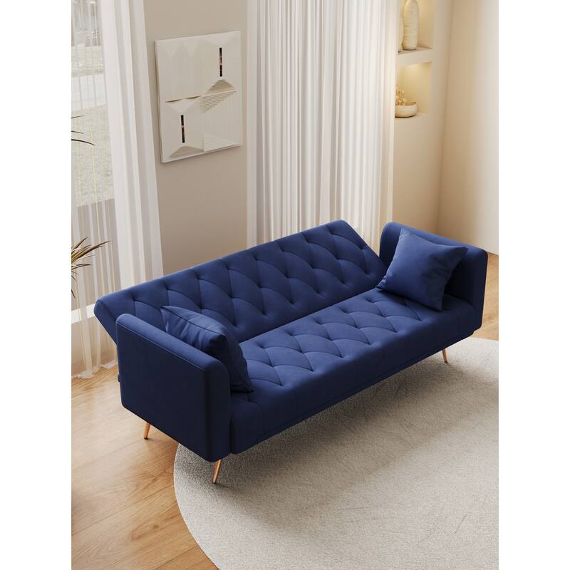 Velvet Loveseat Sofa Adjustable Backrest Sleeper Sofa Bed with 2 Pillow Upholstered Deep Seat Sofa, Tufted Couch