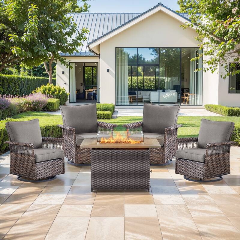 Pocassy 41 in Fire Pit Table with Patio Sofa Chair Funiture - Brown Wicker Gray Cushion - 5-Piece Swivel Chair with Fire Pit Table