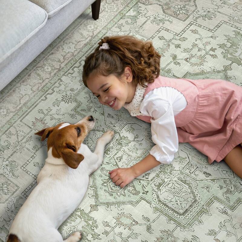 Mcow Green Floral Faded Low Pile Machine Washable Non-Slip Area Rug - 2'X6'