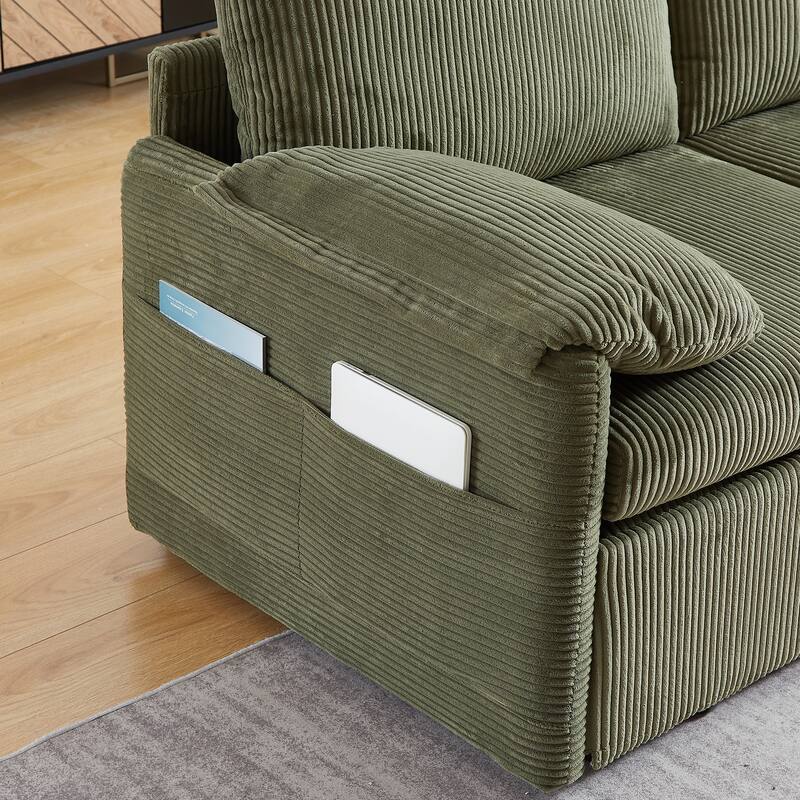 65" Corduroy 2-Seater Sleeper Sofa, 3-in-1 with Storage and Side Pocket