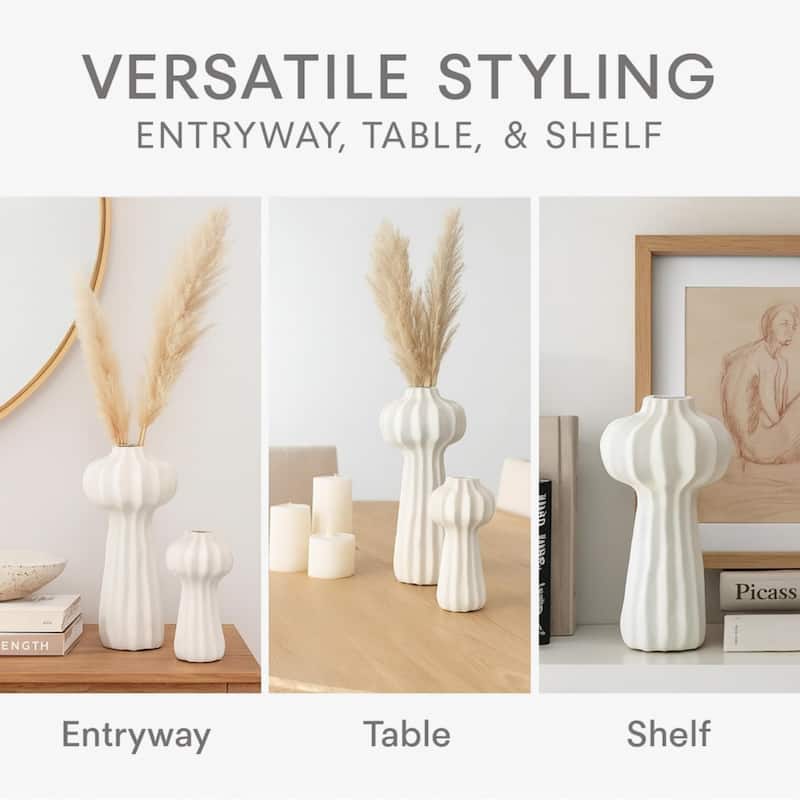 Aria Home White Cactus Inspired Ceramic Vase Set of 2 for Modern Decor