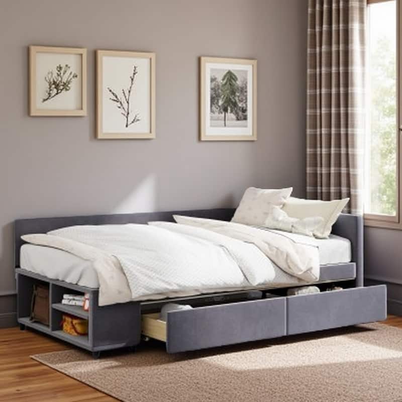 Twin L-Shaped Velvet Upholstered Platform Bed with Storage Cabinet and Drawers, Space-Saving Design - Gray