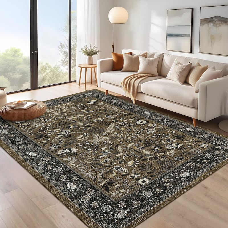 Botanical Area Rugs for Living Room Floral Leaves Pattern Rug Washable Farmhouse Soft Non-Slip Accent Carpet - 9'x12' - Brown