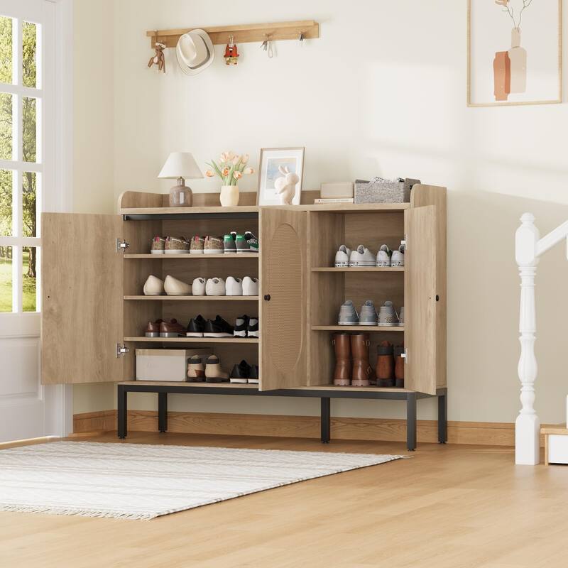 Rattan 3-Door Shoe Cabinet with Adjustable Shelves
