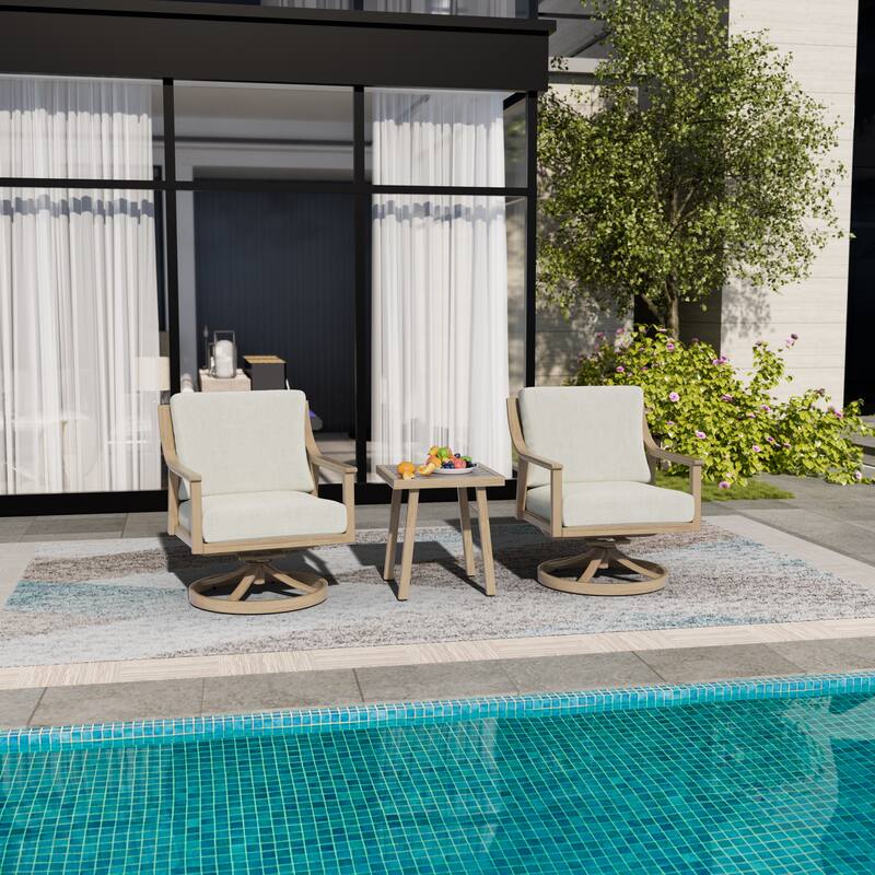3-Piece Aluminum Patio Conversation Set with Swivel Chairs, End Table and Cushions