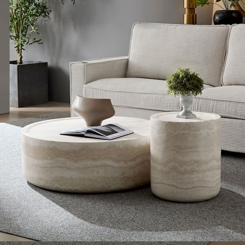 36in Black White Marble MDF Round Coffee Table Fully Assembled