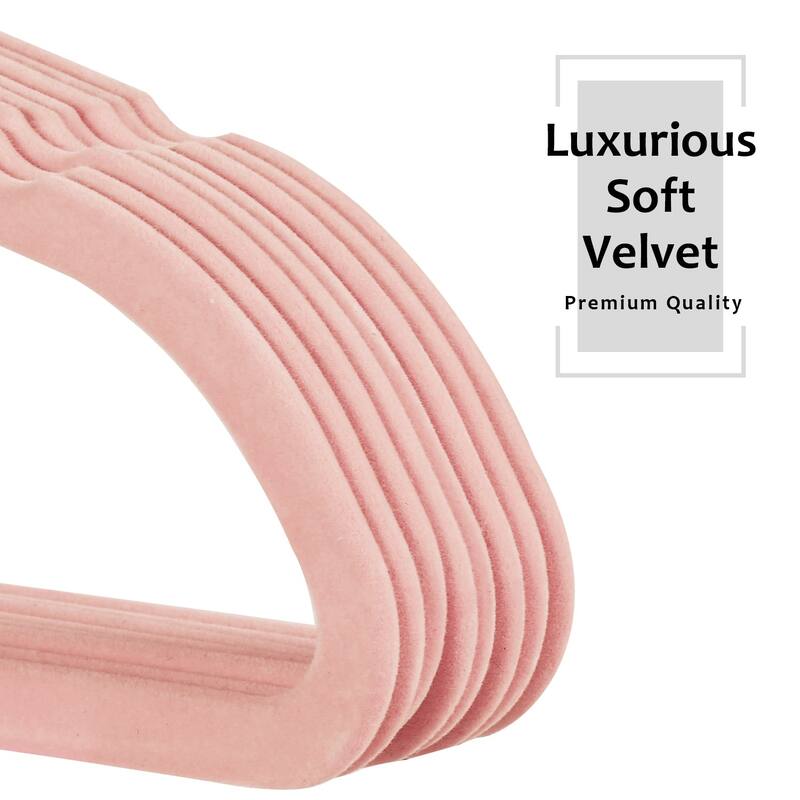 Javlergo 50/100 Pack Velvet Hangers, Heavy Duty Non Slip & Space-Saving Cloth Hangers with 6 Finger Clips & Tie Rack - 100 Packs - Pink