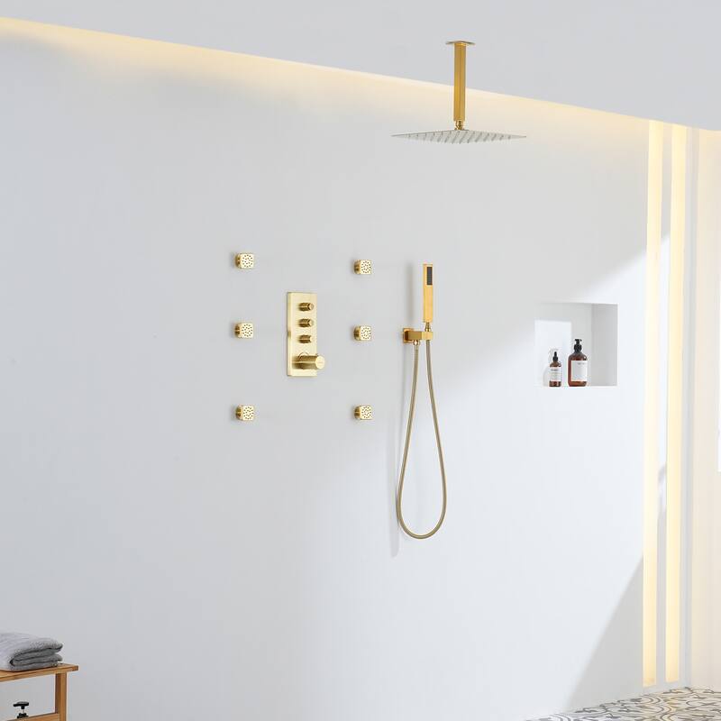 3 Functions 12 Inch Ceiling Mounted Thermostatic Shower System in Brushed Gold - Brushed Gold
