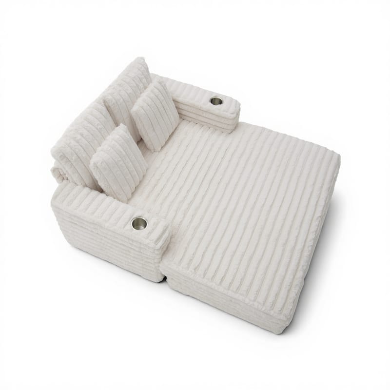 Modern Cream Faux Rabbit Fur Single Chaise Lounge with 2 Cup Holders, 2 Pillows & Solid Wood Frame, Cozy Daybed Sofa Chair