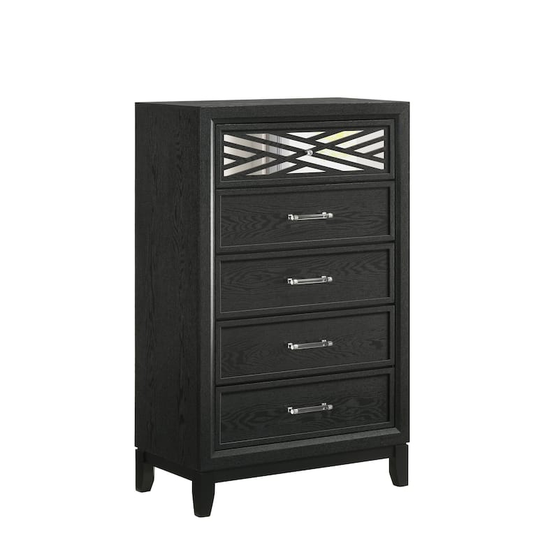 Kira 50 Inch Tall Dresser Chest, 5 Dovetail Drawers, Black Rubberwood - Black, Clear - 5-drawer