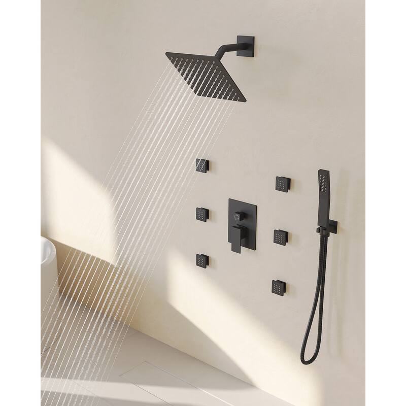 GRANDJOY Shower Faucet Set 10" Wall Mounted Shower Head with 6 Body Jets and Handheld Shower - Matte Black