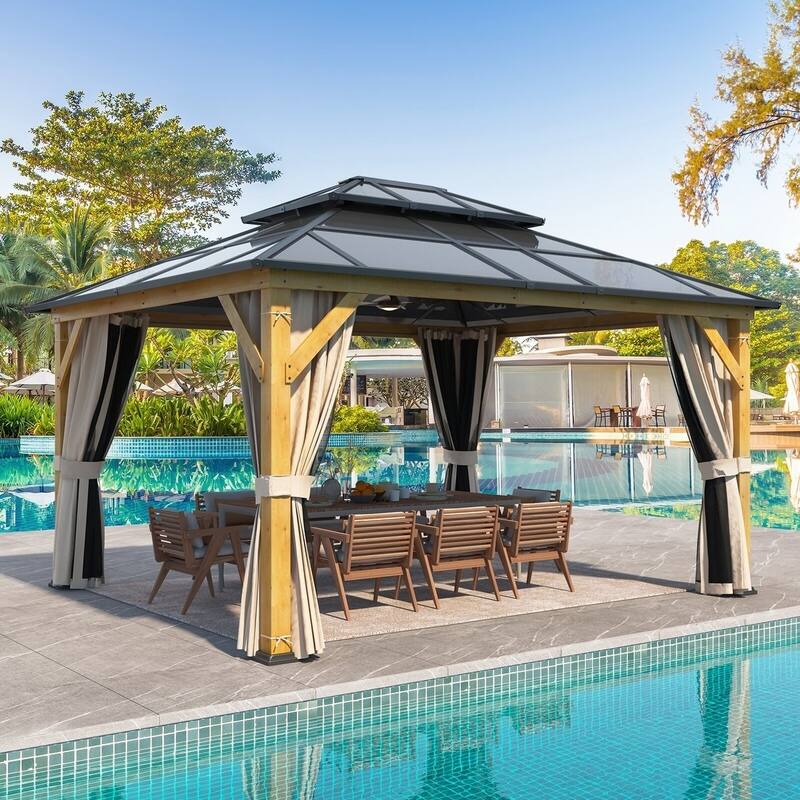 Erommy Premium Wood Gazebo with Double Hardtop Roof, Durable, Elegant Outdoor Pergola for Backyard & Patio