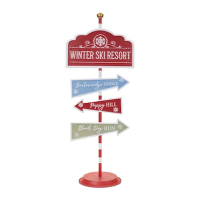 Dog Ski Resort Sign Metal Christmas Decoration for Porch or Entryway - 13.5” x 9.5” x 34”