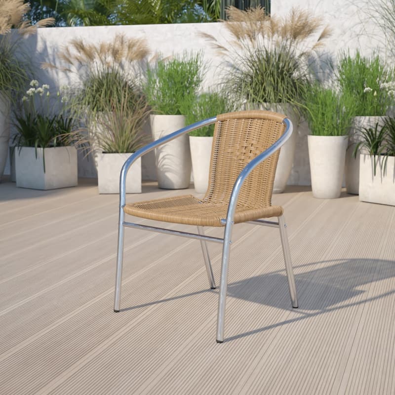 4 Pack Aluminum and Rattan Commercial Indoor-Outdoor Restaurant Stack Chair - Aluminum and Beige