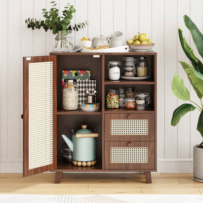 Rattan Buffet Cabinet with Adjustable Shelf, Sideboard with Drawers for Living Room, Kitchen, Entryway