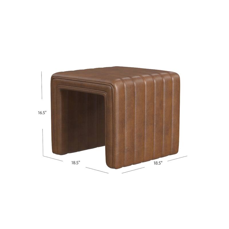 Ada Footstool Ottoman, Channel Tufted Brown Faux Leather, 19 Inch