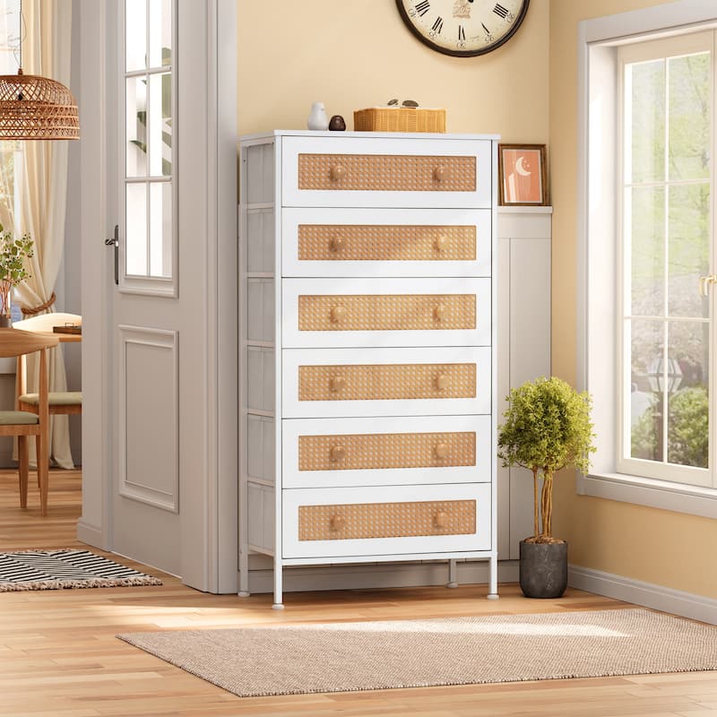 6-Drawer Dresser Chest PE Rattan Storage Tower Organizer Cabinet - White