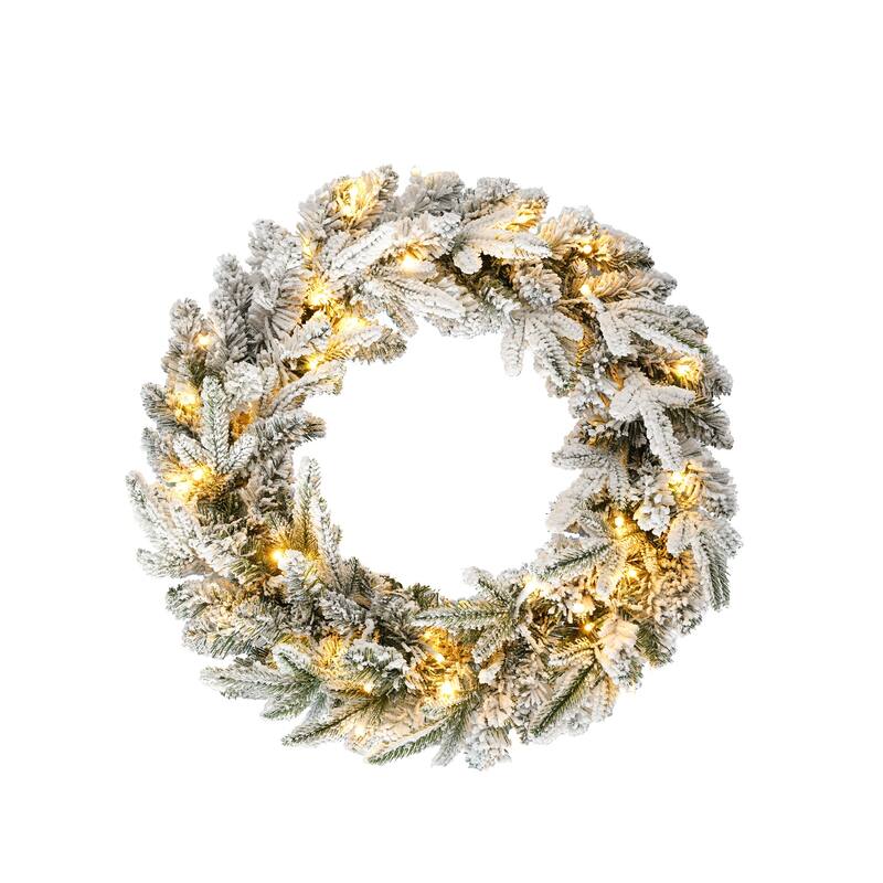 Snow Flocked Christmas Decor 3-Pack - Wreath + Garland + Tree, Warm LED Lights - Green,White