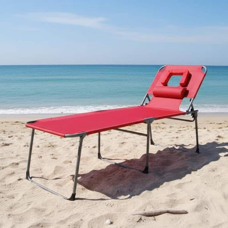 Tanning Chair with Face Hole, Folding Beach Lounge Chair for Outdoor Backyard Poolside,Beach, Patio - Red