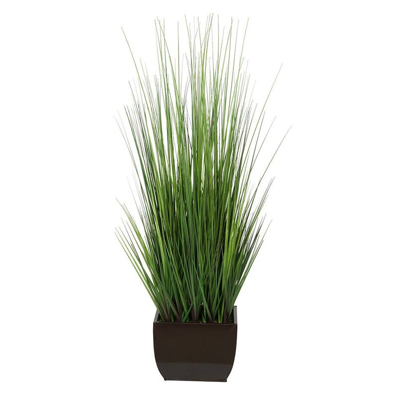 Faux PVC Grass in Large Rectangle Zinc Planter - Gloss Brown