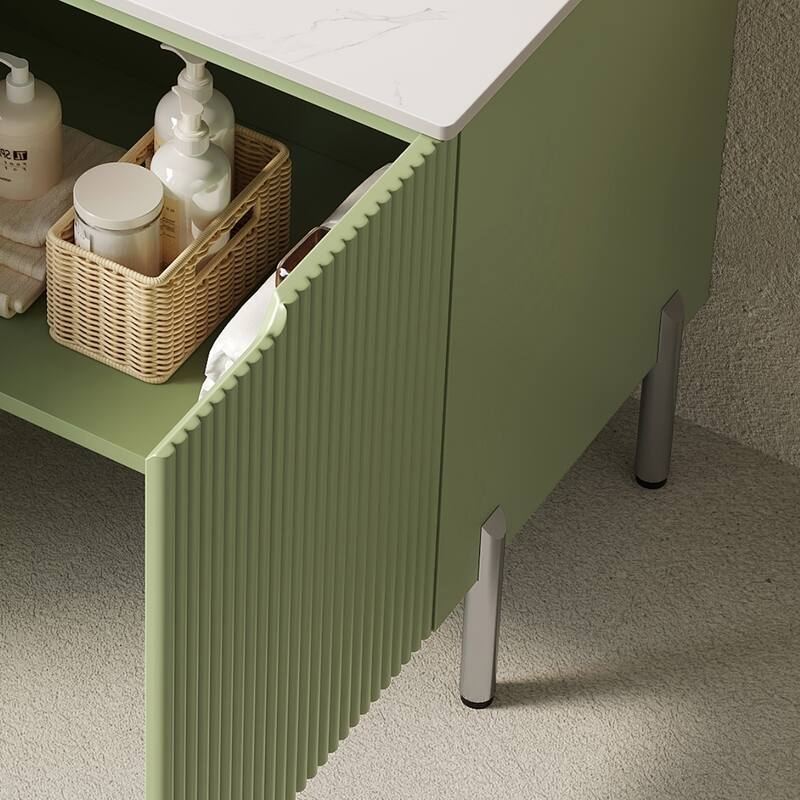 Stylish Striped Double Doors Storage Cabinet Bathroom Vanity with Round Stone Pattern Ceramic Basin and Carrara White Countertop